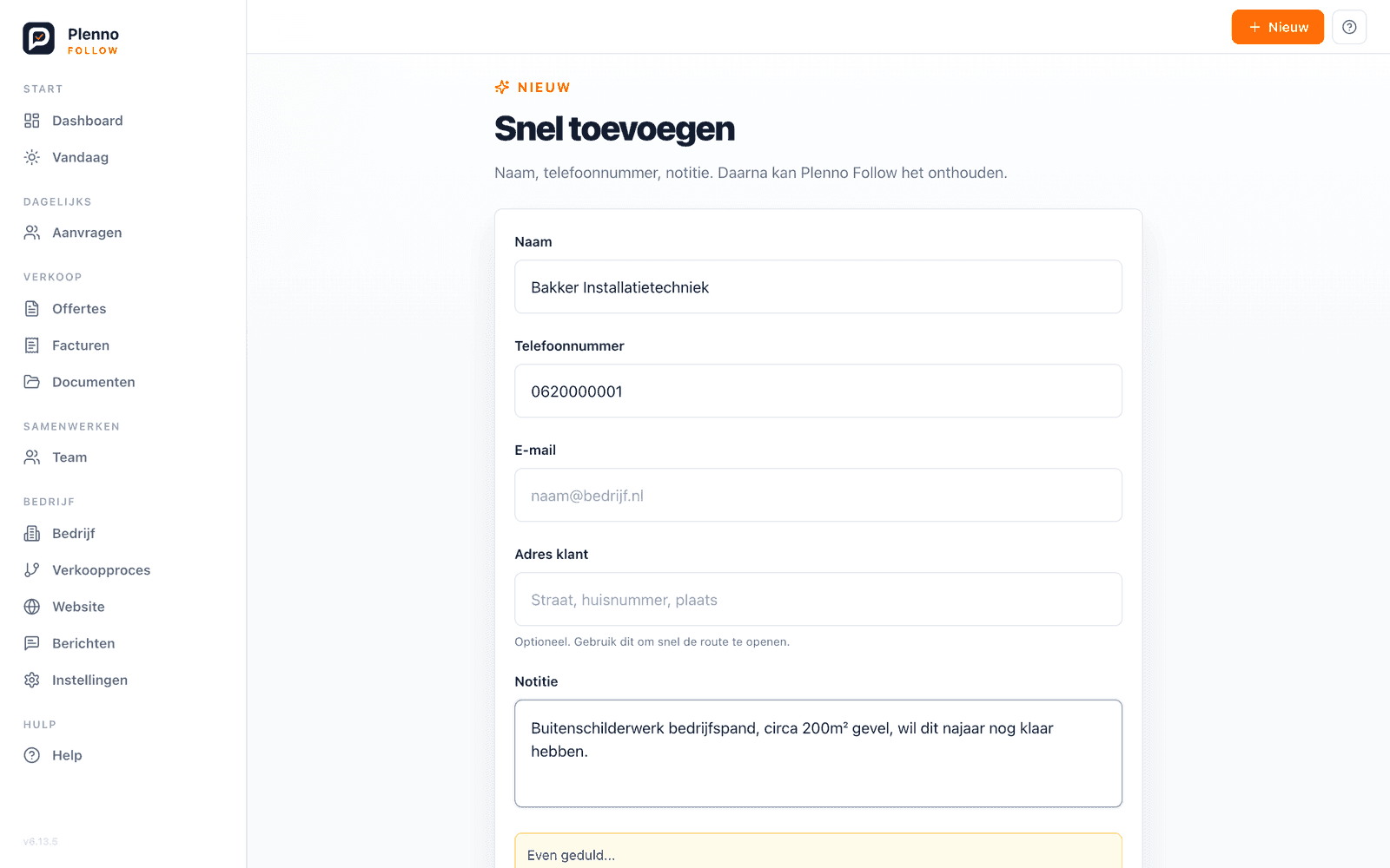 Het aanvraag-toevoegen-formulier ingevuld voor Bakker Installatietechniek