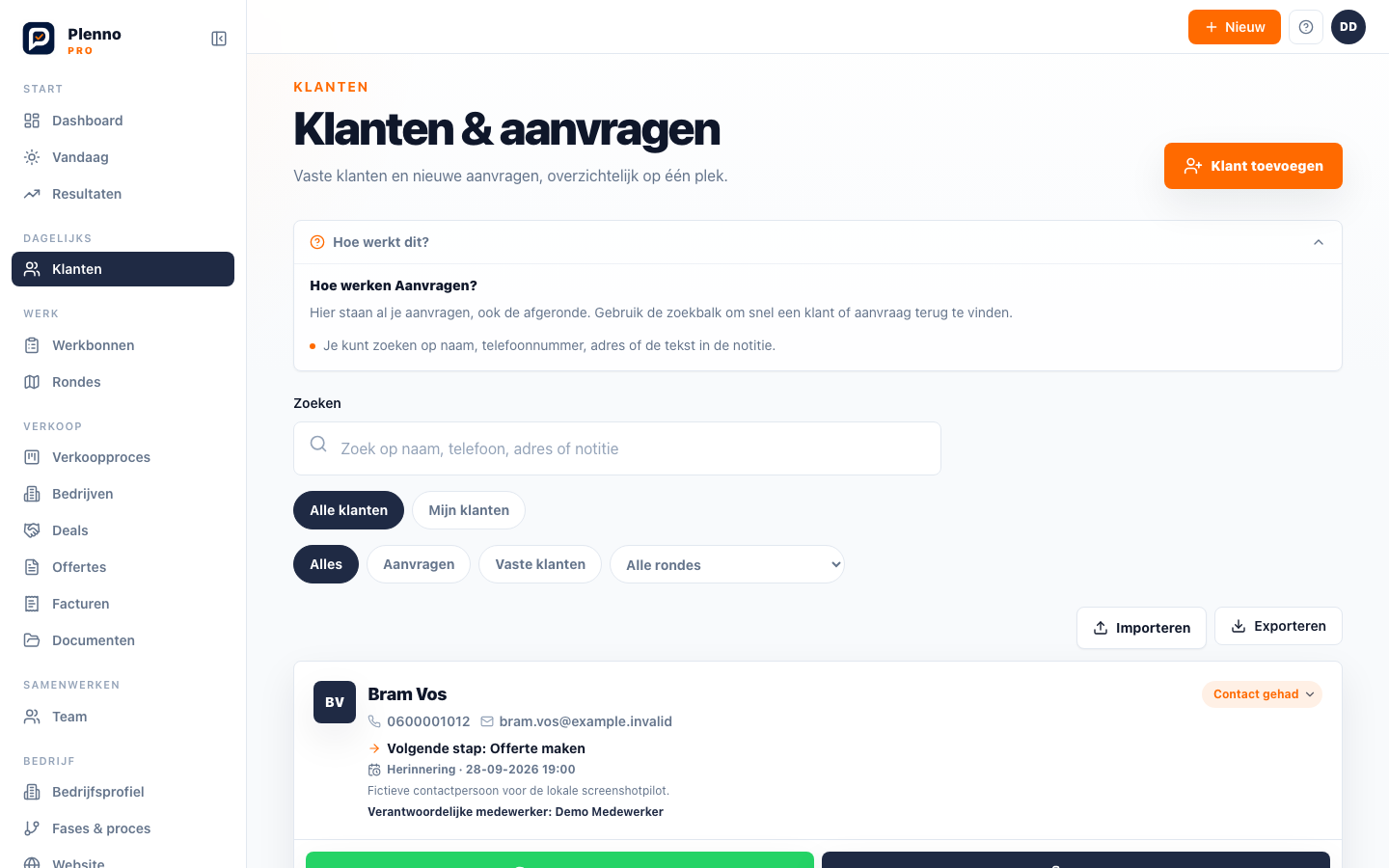 De knop Exporteren in het klantenoverzicht