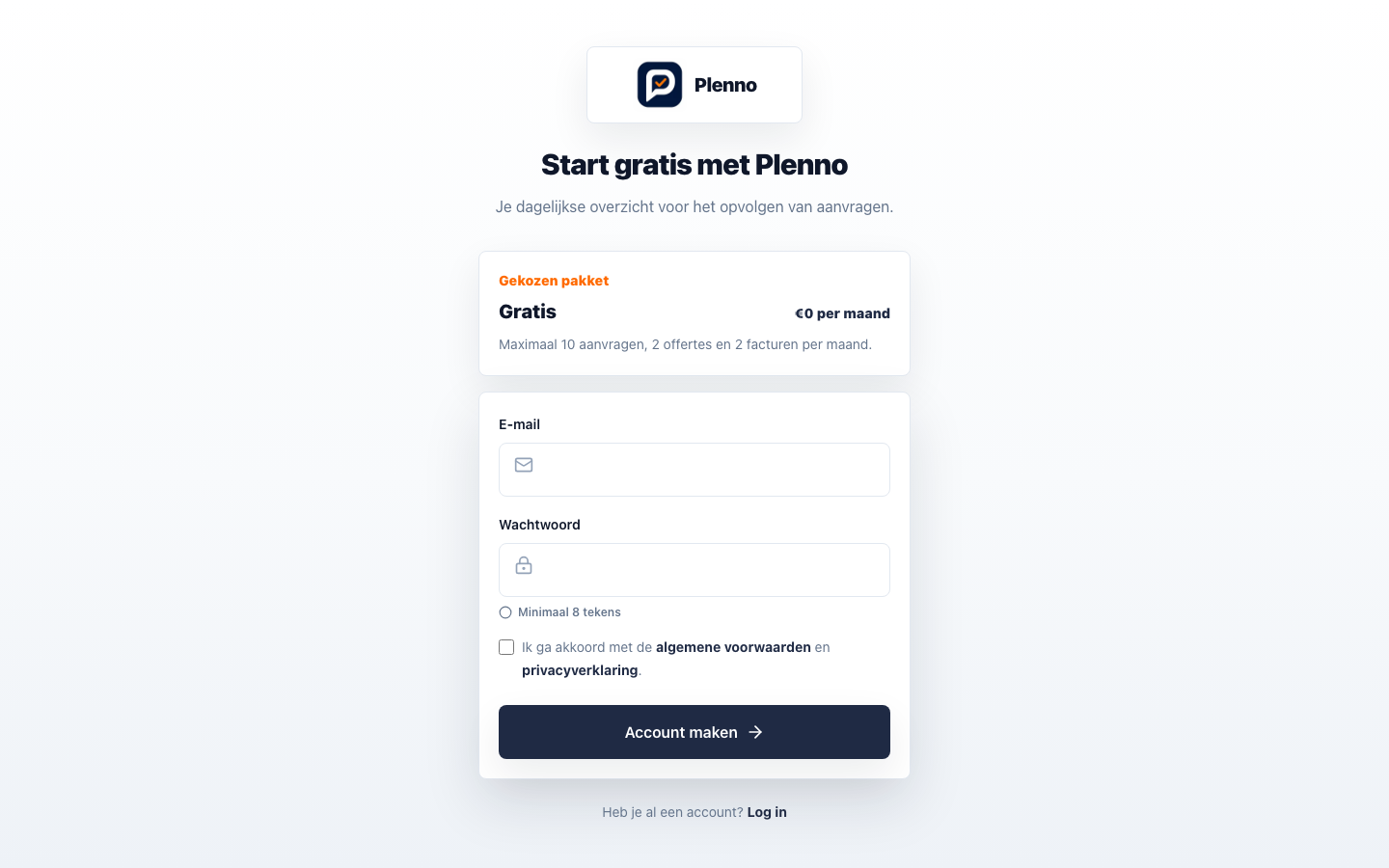 Account aanmaken met het gekozen startpakket