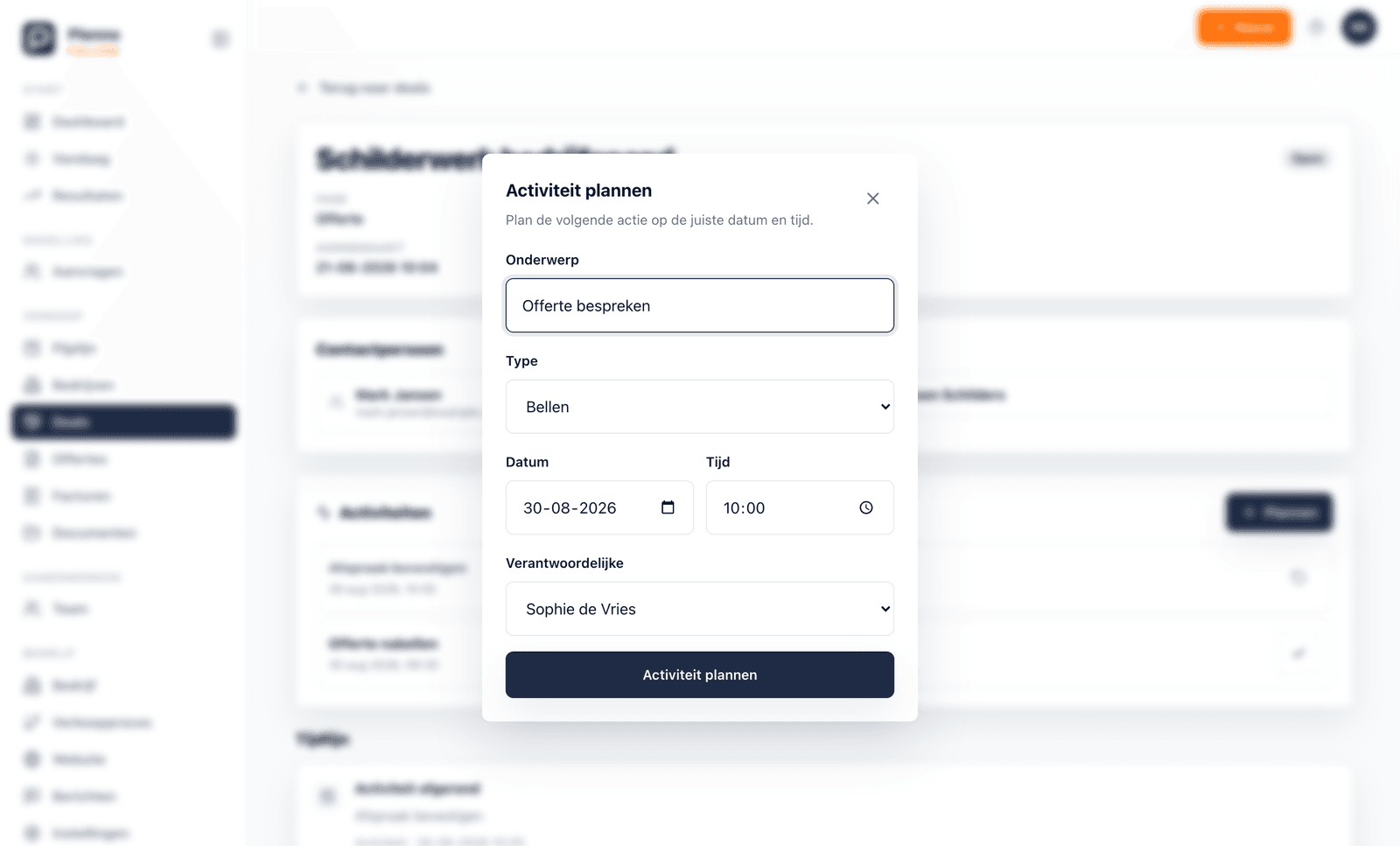 Activiteit plannen bij een deal in Plenno, met onderwerp, type, datum, tijd en verantwoordelijke