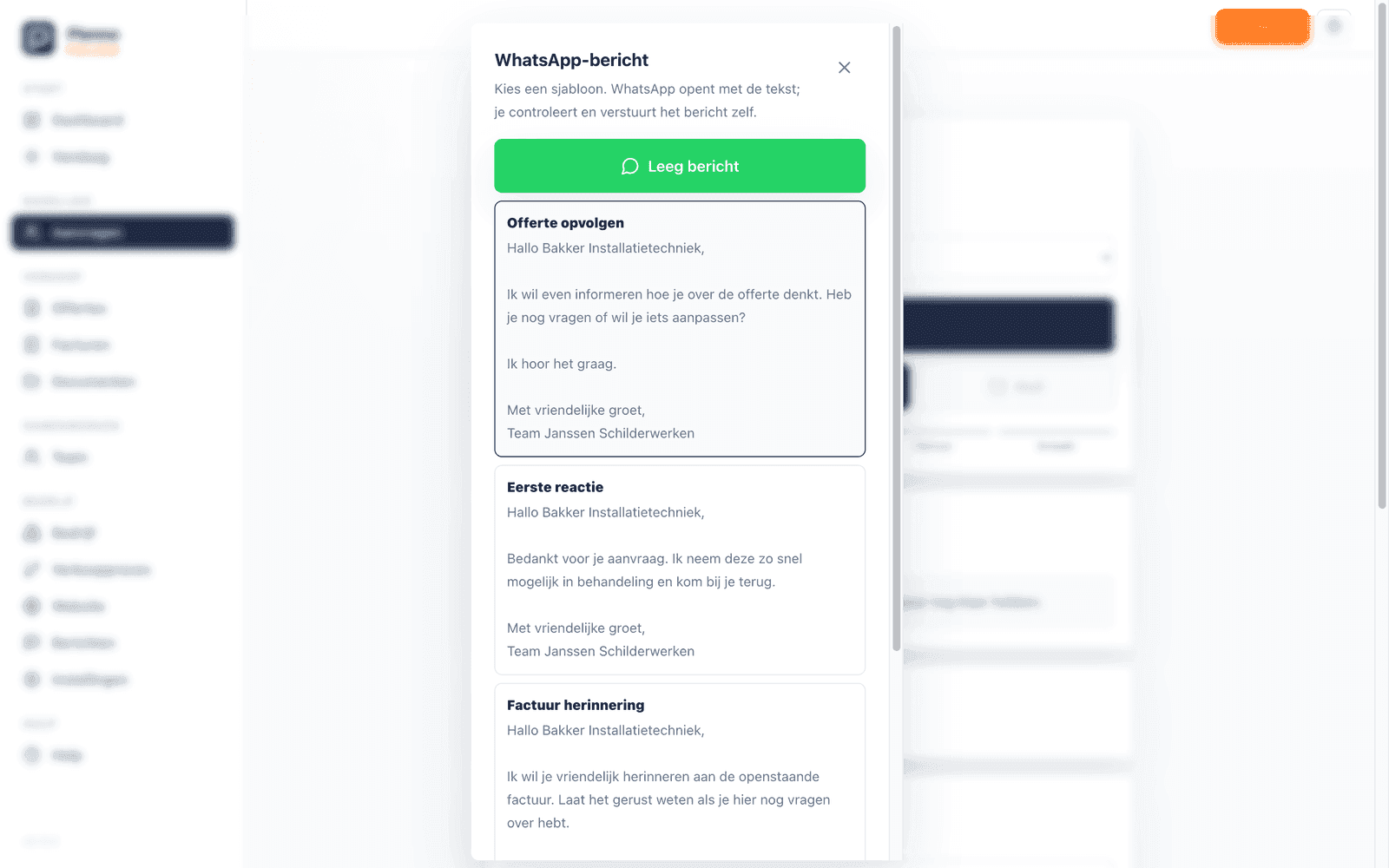 Sjabloonkiezer bij de WhatsApp-actie op een aanvraag