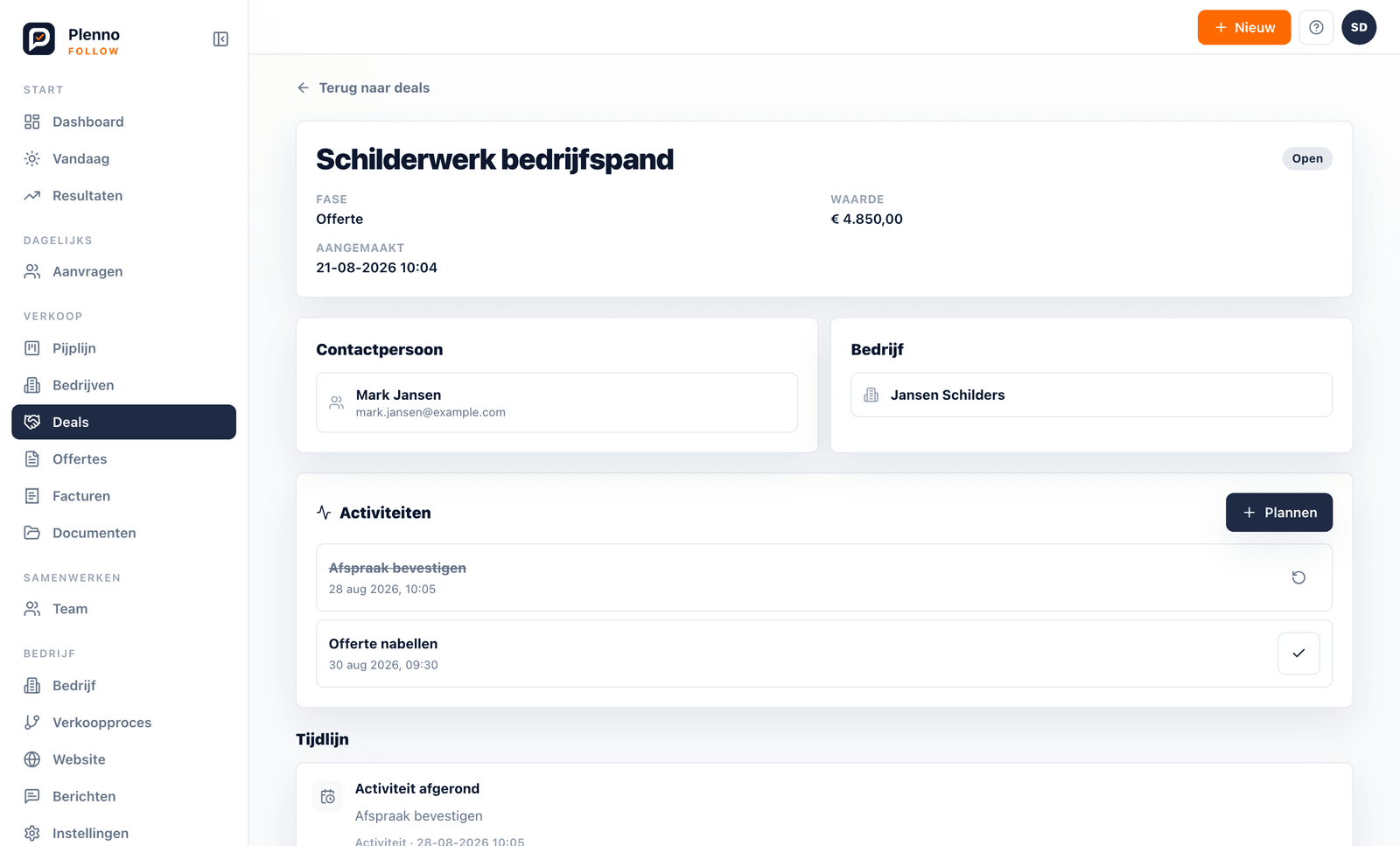 Dealinspecteur in Plenno met fase, waarde, contact en open activiteiten