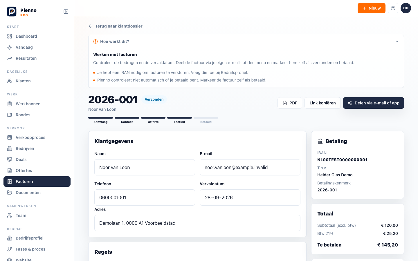 Verzonden factuur met betaalstatus en de knop Markeer als betaald