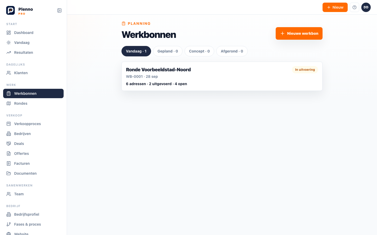 Het werkbonnenoverzicht met tabbladen