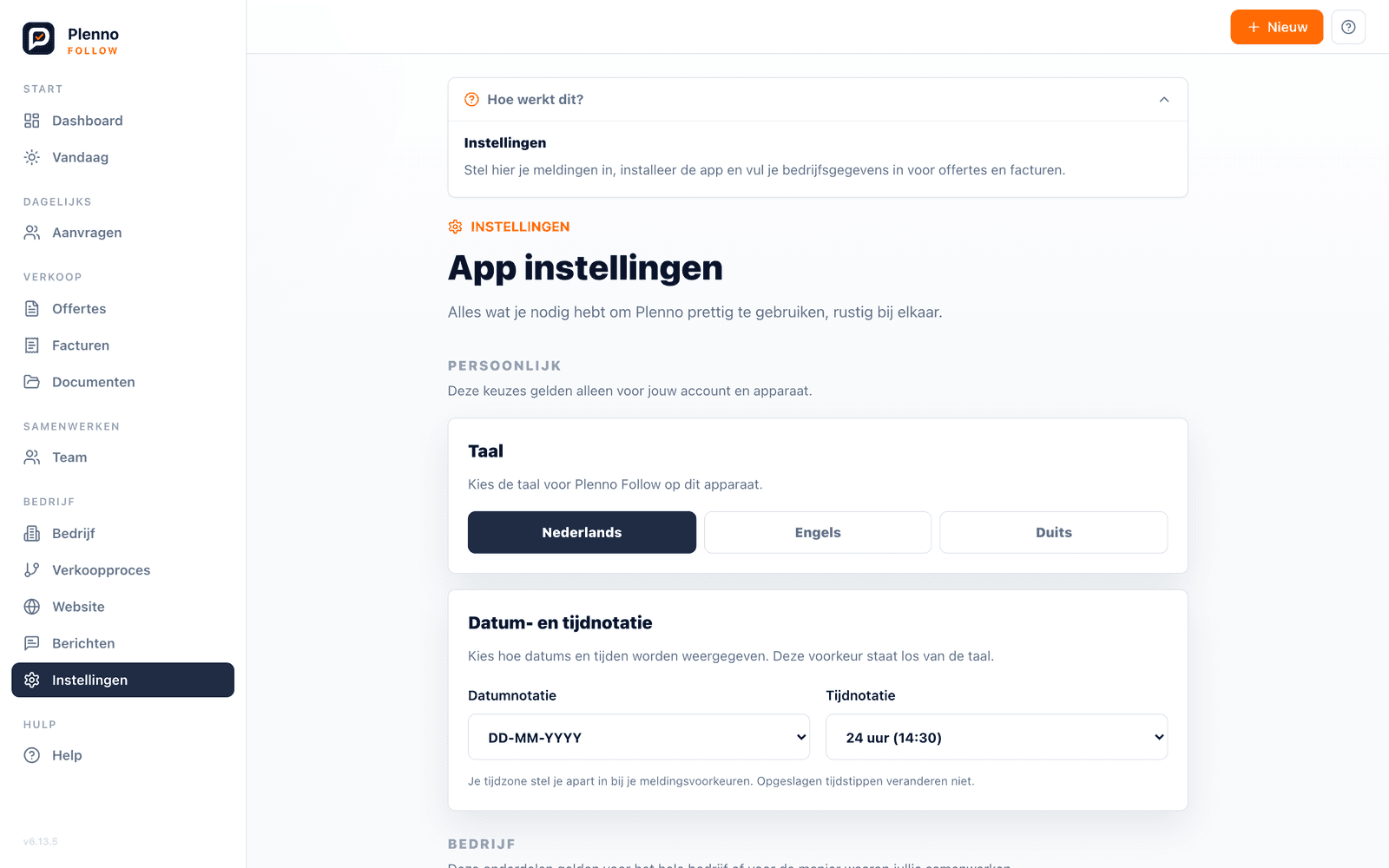 Instellingenoverzicht