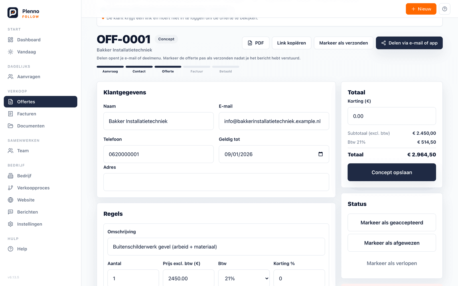 Offerte bekijken: klantgegevens, regels en status naast elkaar