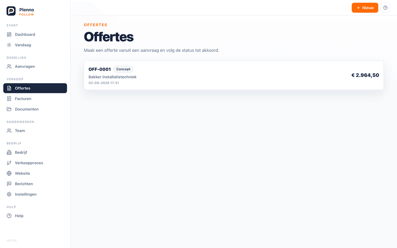 Offerteoverzicht met status en bedrag per offerte