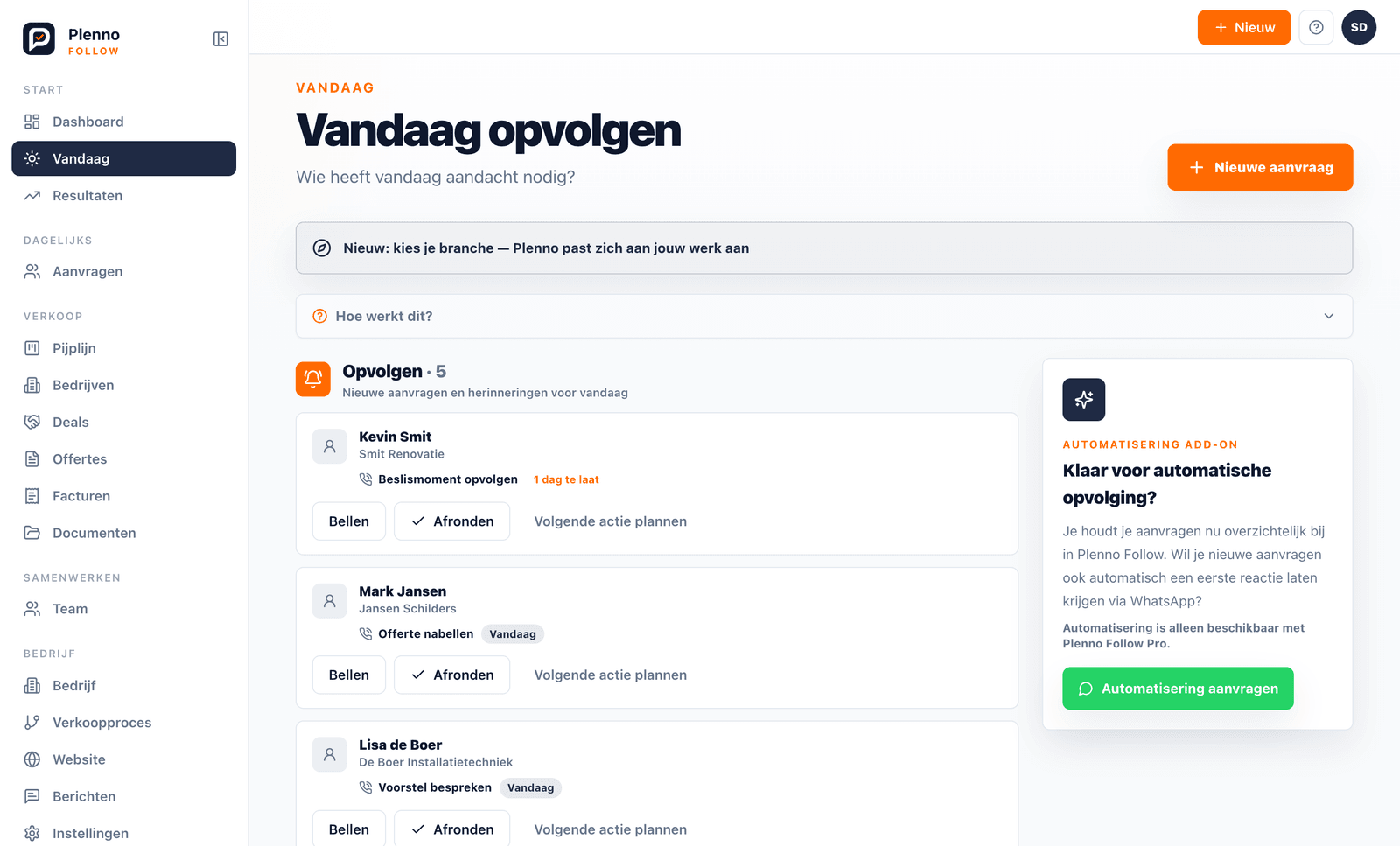 Vandaag met geplande opvolging en activiteiten